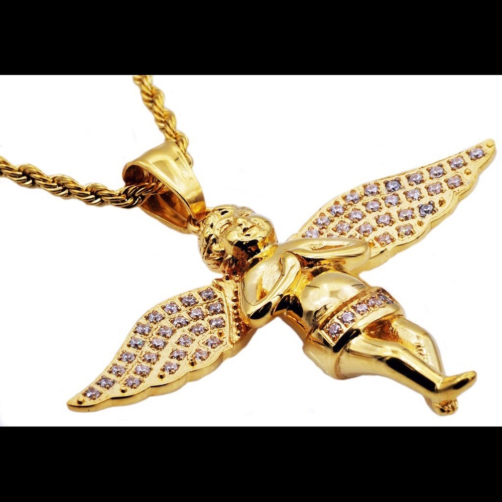 Stainless Steel Gold Plated Cherub Pendant w/cz